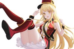 Rule 34 | 1girl, :d, absurdres, bang dream!, blonde hair, blush, boots, breasts, epaulettes, foot out of frame, frilled skirt, frills, hat, highres, long hair, looking at viewer, medium breasts, microphone, midair, miniskirt, open mouth, ppiya, red footwear, salute, sash, shako cap, sidelocks, simple background, skirt, sleeveless, smile, solo, swept bangs, thigh boots, thighhighs, tsurumaki kokoro, very long hair, white background, white skirt, wrist cuffs, yellow eyes
