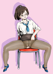Rule 34 | 1girl, arm behind back, breasts, brown eyes, brown hair, brown pantyhose, clothes lift, crotch seam, glasses, highres, holon, no panties, pantyhose, pencil skirt, ponytail, real drive, shadow, simple background, sitting, skirt, skirt lift, sleeves rolled up, solo, spread legs, uraharukon