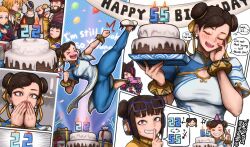Rule 34 | &gt; &lt;, 2boys, 4girls, birthday cake, blue-framed eyewear, blue leggings, blush, bracelet, breasts, brown eyes, brown hair, cake, cammy white, candle, capcom, chest cutout, chicken (food), china dress, chinese clothes, chun-li, comic, commentary, covering own mouth, dated, double bun, dress, earrings, eating, embarrassed, english commentary, english text, eyeliner, eyewear on head, finger to mouth, flats, flying kick, food, fried chicken, hair bun, hair ribbon, han juri, happy birthday, headphones, hershuar, jewelry, jumping, ken masters, kicking, large breasts, leggings, li-fen, makeup, mature female, mother and daughter, multiple boys, multiple girls, party popper, ribbon, ryu (street fighter), short hair, shushing, solo focus, street fighter, street fighter 6, surprised, thick thighs, thighs, trolling, v, wireless
