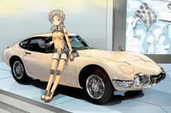 Rule 34 | 00s, 1girl, bare shoulders, blush, boots, breasts, car, computer, covered navel, elbow gloves, expressionless, full body, gloves, grey hair, hair ribbon, halterneck, headgear, holding, laptop, leotard, looking at viewer, low twintails, motionslit, motor vehicle, orange eyes, orange gloves, orange thighhighs, pilot suit, ribbon, right-hand drive, shadow, short hair, short twintails, sitting, sky girls, small breasts, solo, sonomiya karen, thigh boots, thighhighs, toyota, toyota 2000gt, turtleneck, twintails, vehicle, vehicle focus
