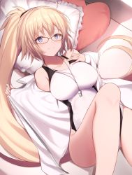 Rule 34 | 1girl, bare legs, bare shoulders, barefoot, bed, bed sheet, bespectacled, bikini, blonde hair, blue eyes, breasts, cleavage, collarbone, commentary request, competition swimsuit, cowboy shot, fate/grand order, fate (series), from above, glasses, hair between eyes, hairband, hand on own chest, highres, impossible clothes, jacket, jeanne d&#039;arc (fate), jeanne d&#039;arc (ruler) (fate), jeanne d&#039;arc (swimsuit archer) (fate), jeanne d&#039;arc (swimsuit archer) (second ascension) (fate), knees up, large breasts, long hair, looking at viewer, lying, maosame, on back, on bed, one-piece swimsuit, open clothes, open jacket, ponytail, smile, solo, swimsuit, thighs, very long hair, white bikini, white jacket, white one-piece swimsuit