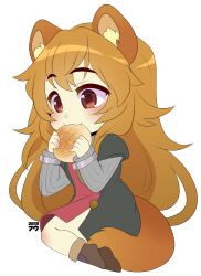 Rule 34 | 1girl, :3, animal ear fluff, animal ears, artypanda, black dress, boots, breasts, brown footwear, brown hair, chibi, child, commentary, commission, cuffs, dress, eating, english commentary, food, food in mouth, full body, holding, holding food, long hair, long sleeves, raccoon ears, raccoon girl, raccoon tail, raphtalia, red dress, red eyes, side slit, sidelocks, simple background, sitting, small breasts, solo, tail, tate no yuusha no nariagari, transparent background, two-tone dress