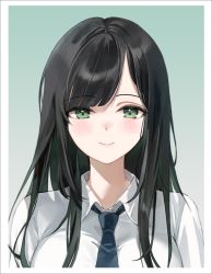 Rule 34 | 1girl, black hair, blouse, blue necktie, blush, closed mouth, collared shirt, emyo, green eyes, green hair, looking at viewer, necktie, original, portrait, shirt, simple background, smile, solo, white shirt
