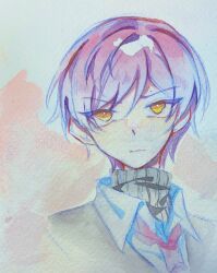 Rule 34 | 1boy, black jacket, black sweater, closed mouth, collared shirt, colored pencil (medium), highres, jacket, lobotomy corporation, looking at viewer, necktie, painting (medium), portrait, project moon, purple hair, purple necktie, ribbed sweater, sakiaoba, shirt, solo, sweater, traditional media, turtleneck, turtleneck sweater, watercolor (medium), white shirt, yellow eyes, yesod (project moon)