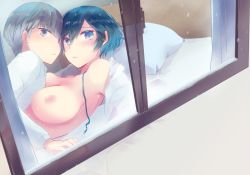 Rule 34 | 1boy, 1girl, bed, blue eyes, blue hair, blush, boy on top, breasts, couple, face-to-face, grey hair, hair between eyes, hetero, large breasts, long sleeves, looking at viewer, looking back, lying, lying on person, narukami yuu, nipples, nude, on back, on bed, open clothes, open shirt, parted lips, persona, persona 4, pillow, ribbon, shinocco, shirogane naoto, shirt, short hair, snow, white shirt, window
