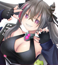 Rule 34 | 1girl, armpit crease, azur lane, badge, bare shoulders, black gloves, black nails, black ribbon, blue jacket, breasts, button badge, claw pose, cleavage, commentary request, crossed bangs, dutch angle, fang, fingerless gloves, gloves, grey hair, grin, hair between eyes, hair horns, hair ribbon, hands up, jacket, large breasts, long hair, long sleeves, looking at viewer, mirun (funimani), multicolored hair, nail polish, partial commentary, purple eyes, purple hair, ribbon, san francisco (azur lane), sidelocks, signature, simple background, sleeveless, smile, solo, streaked hair, taut clothes, teeth, twintails, upper body, v over eye, white background