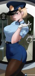 Rule 34 | 1girl, absurdres, android 18, ass, blonde hair, blue eyes, blue skirt, breasts, building, commentary, cuffs, dragon ball, dragonball z, echo saber, english commentary, english text, gloves, gluteal fold, handcuff dangle, handcuffs, hat, highres, large breasts, lips, looking at viewer, looking to the side, metropolitan police service, pantyhose, parted lips, police, police hat, police uniform, policewoman, skirt, speech bubble, thick thighs, thighs, uniform, white gloves