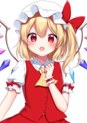 Rule 34 | 1girl, absurdres, ascot, blonde hair, bow, breasts, buttons, collared shirt, commentary request, crystal, fang, flandre scarlet, hair between eyes, hand up, hat, hat bow, heart, heart-shaped pupils, highres, jewelry, medium breasts, mob cap, multicolored wings, one side up, puffy short sleeves, puffy sleeves, red bow, red eyes, red skirt, red vest, shinonome asu, shirt, short hair, short sleeves, simple background, skirt, skirt set, solo, split mouth, symbol-shaped pupils, teeth, tongue, touhou, twitter username, vest, white background, white hat, white shirt, wings, wrist cuffs, yellow ascot