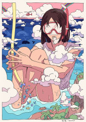 Rule 34 | 1girl, aircraft, bare arms, bare legs, boat, brown hair, cloud, commentary request, covered eyes, diving mask, goggles, helicopter, highres, ligne claire, long hair, marutiyo, ocean, original, parted lips, partially submerged, pink sky, rainbow, shirt, shore, short sleeves, sitting, sky, snorkel, solo, tree, watercraft, wet, white shirt