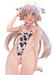 Rule 34 | 1girl, :d, @ @, animal ears, animal print, aumann, bell, blonde hair, blue archive, blush, breasts, cameltoe, cow ears, cow horns, cow print, ear tag, flying sweatdrops, gluteal fold, hifumi (blue archive), highres, horns, looking at viewer, open mouth, simple background, small breasts, smile, solo, twintails, white background, yellow eyes
