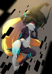 Rule 34 | absurdres, black skin, blue skin, breasts, colored sclera, colored skin, grin, helmet, highres, indica, long hair, looking at viewer, midna, multicolored skin, neon trim, nintendo, one eye covered, orange hair, pointy ears, shortstack, small breasts, smile, smug, the legend of zelda, two-tone skin, wide hips, yellow sclera