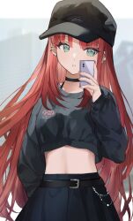 Rule 34 | 1girl, absurdres, alternate costume, aqua eyes, arm behind back, baseball cap, belt, black belt, black choker, black hat, black shirt, black skirt, breasts, buckle, casual, cellphone, choker, contemporary, crop top, cropped shirt, ear piercing, genshin impact, gradient background, grey background, hand up, hat, highres, holding, holding phone, long hair, long sleeves, looking at phone, midriff, multiple piercings, nilou (genshin impact), parted bangs, parted lips, phone, piercing, red hair, shirt, skirt, sleeves past wrists, small breasts, smartphone, solo, ume (plumblossom), very long hair