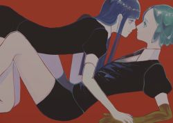 Rule 34 | 2others, androgynous, blue eyes, blue hair, blunt bangs, closed eyes, colored skin, face-to-face, gem uniform (houseki no kuni), golden arms, green eyes, green hair, highres, hime cut, houseki no kuni, lapis lazuli (houseki no kuni), leaning on person, long hair, multiple others, necktie, phosphophyllite, red background, short hair, smile, spoilers, white skin