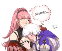 Rule 34 | ..., 2girls, artist name, autumn sacura, bare shoulders, blush, grabbing another&#039;s breast, breasts, closed mouth, earrings, closed eyes, female focus, fire emblem, fire emblem: three houses, from side, gloves, grabbing, head on chest, hilda valentine goneril, hug, jewelry, large breasts, long hair, long sleeves, lysithea von ordelia, multiple girls, nintendo, pink hair, shawl, simple background, twintails, white hair, yuri