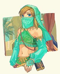 Rule 34 | 1boy, aqua headwear, aqua sleeves, bandeau, bare shoulders, blonde hair, blue eyes, blush, circlet, collarbone, covered mouth, crossdressing, curtains, day, detached sleeves, frilled bandeau, frills, green bandeau, light blush, link, looking at viewer, male focus, midriff, mouth veil, navel, nintendo, outdoors, sheikah slate, shijima (4jima), short hair, sidelocks, solo, standing, stomach, the legend of zelda, the legend of zelda: breath of the wild, tree, upper body, veil