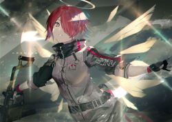 Rule 34 | 1girl, arknights, belt, belt buckle, black belt, black gloves, brown eyes, brown wings, buckle, commentary request, copyright name, exusiai (arknights), fingerless gloves, gloves, gun, hair over one eye, halo, holding, holding gun, holding weapon, jacket, long sleeves, looking at viewer, outstretched arms, parted lips, red hair, short hair, solo, weapon, weapon request, white jacket, wings, yoshimoto (dear life)