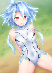 Rule 34 | 1girl, bare shoulders, blue hair, blush, breasts, covered navel, elbow gloves, gloves, hair between eyes, highres, katade, leotard, looking at viewer, neptune (series), open mouth, power symbol, power symbol-shaped pupils, red eyes, short hair with long locks, small breasts, smile, solo, symbol-shaped pupils, white gloves, white heart (neptunia), white leotard