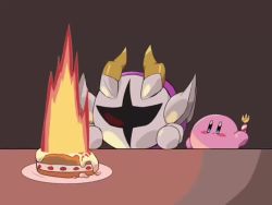 Rule 34 | animated, blush stickers, cake, colored skin, fire, food, fork, galacta knight, gloves, horns, kirby, kirby (series), kirby super star ultra, mask, nintendo, no humans, pauldrons, pink skin, plate, re38433, shoulder armor, solid oval eyes, video
