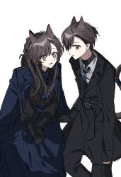 Rule 34 | 1boy, 1girl, animal ears, black coat, black gloves, black pants, black shirt, blouse, blue coat, blue necktie, blue ribbon, blue skirt, brown eyes, brown hair, buttons, closed mouth, coat, coat on shoulders, double-breasted, earrings, gloves, highres, jewelry, light blush, long hair, looking at viewer, neck ribbon, necktie, ok o o, original, pants, parted lips, ribbon, shirt, short hair, simple background, skirt, smile, trench coat, white background, white shirt