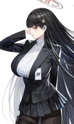 Rule 34 | 1girl, absurdres, arm behind back, arm up, black hair, black jacket, black pantyhose, black skirt, black suit, blue archive, breasts, formal, hair ornament, hairclip, halo, highres, holster, id card, jacket, kaki z3, large breasts, long hair, looking to the side, miniskirt, pantyhose, pleated skirt, ribbed sweater, rio (blue archive), skirt, solo, suit, sweater, thigh holster, thigh strap, turtleneck, turtleneck sweater, very long hair, white background, white sweater