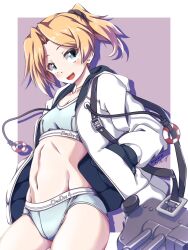 Rule 34 | 1girl, 547th sy, adapted costume, bag, blonde hair, bra, character name, drawstring, grey eyes, groin, hands in pockets, highres, hood, hooded jacket, jacket, kantai collection, lifebuoy ornament, looking at viewer, maikaze (kancolle), open clothes, panties, parted bangs, ponytail, short hair, smile, solo, sports bra, underwear, white bra, white jacket, white panties