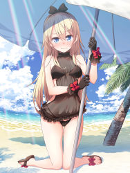 Rule 34 | 1girl, beach, black gloves, black one-piece swimsuit, blonde hair, blue eyes, blush, bow, closed mouth, day, embarrassed, fisheye, game cg, gloves, hair bow, hairband, highres, kirara fantasia, kneeling, long hair, looking at viewer, navel, new game!, non-web source, official art, one-piece swimsuit, outdoors, palm tree, see-through, solo, sunlight, swimsuit, tokunou shoutarou, tree, wavy mouth, yagami kou