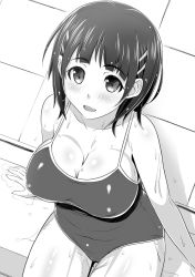 Rule 34 | 10s, 1girl, bare shoulders, black hair, blush, breasts, cleavage, competition school swimsuit, covered erect nipples, greyscale, hair ornament, hairclip, kawase seiki, kirigaya suguha, large breasts, monochrome, one-piece swimsuit, open mouth, poolside, school swimsuit, short hair, sitting, smile, solo, swimsuit, sword art online, wet