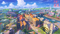 Rule 34 | 2019, arsenixc, artist name, boat, bridge, car, cherry blossoms, city, cityscape, cloud, cloudy sky, copyright name, copyright notice, crosswalk, game cg, green house, highres, hill, horizon, house, motor vehicle, official art, official wallpaper, original, patio, river, road, scenery, sky, stairs, street, traffic light, tree, van, water, watercraft