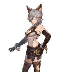 Rule 34 | 10s, 1girl, animal ears, bare shoulders, belt, black thighhighs, breasts, chain, cleavage, elbow gloves, erune, freesia (granblue fantasy), garter straps, glasses, gloves, granblue fantasy, hair over one eye, hand on own hip, looking at viewer, medium breasts, minaba hideo, official art, purple eyes, serious, short hair, silver hair, skirt, solo, thighhighs, torn clothes, torn thighhighs, transparent background, zettai ryouiki