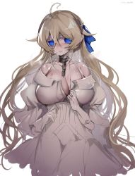 Rule 34 | 1girl, ahoge, blonde hair, blood, blue eyes, breasts, bruise, cleavage, collarbone, copyright request, crying, crying with eyes open, dress, elbow gloves, empty eyes, gloves, highres, huge breasts, injury, long hair, niku vacuum, parted lips, simple background, solo, tears, white background, white dress