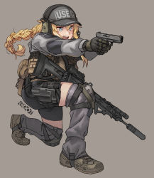 Rule 34 | 1girl, aiming, aqua eyes, blonde hair, braid, brown footwear, clothes writing, commentary, commission, english commentary, ergot, escape from tarkov, flashlight, glock, gloves, grey background, grey hat, gun, hair between eyes, handgun, hat, headphones, highres, holding, holding gun, holding weapon, indie virtual youtuber, knee pads, long hair, long sleeves, military, multiple weapons, on one knee, open mouth, rifle, scope, simple background, single braid, solo, suppressor, vest, virtual youtuber, weapon, whiskey project
