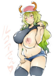 Rule 34 | 10s, 1girl, bare shoulders, baseball cap, black thighhighs, blonde hair, blush, breasts, character name, clothes lift, denim, denim shorts, dragon girl, dragon horns, futogangu, gradient hair, green hair, hat, highres, horns, huge breasts, kobayashi-san chi no maidragon, lips, long hair, looking at viewer, lucoa (maidragon), multicolored hair, nipples, one breast out, one eye closed, purple eyes, shikishima gangu, shirt lift, short shorts, shorts, shorts tug, simple background, sketch, skindentation, smile, solo, sweat, tank top, thighhighs, translated, two-tone hair, white background, yellow pupils