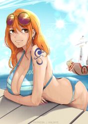 Rule 34 | 1girl, ass, bikini, breasts, butt crack, cleavage, earrings, jewelry, large breasts, nail polish, nami (one piece), one piece, orange hair, ship, smile, sunglasses, swimsuit, tattoo, vialnite, water, watercraft