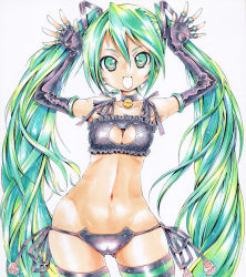 Rule 34 | bell, cameltoe, cat lingerie, cleavage cutout, clothing cutout, collar, elbow gloves, fingerless gloves, gloves, green eyes, green hair, hatsune miku, headset, long hair, m auctions, meme attire, navel, neck bell, solo, striped clothes, striped thighhighs, thighhighs, twintails, underwear, underwear only, very long hair, vocaloid