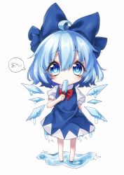 Rule 34 | 1girl, ahoge, bad id, bad pixiv id, barefoot, blue dress, blue eyes, blue hair, bow, bowtie, chibi, cirno, dot nose, dress, dress shirt, dripping, food, full body, hair bow, highres, ice, ice wings, kyouda suzuka, matching hair/eyes, melting, popsicle, puffy short sleeves, puffy sleeves, red bow, shirt, short hair, short sleeves, simple background, solo, touhou, wavy hair, white background, white shirt, wings