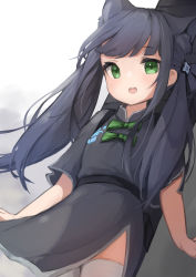 Rule 34 | 1girl, absurdres, animal ear fluff, animal ears, black dress, black hair, blue archive, blunt bangs, china dress, chinese clothes, dress, green eyes, highres, long hair, open mouth, short sleeves, shun (blue archive), shun (small) (blue archive), smile, solo, teruriu, thighhighs, tiger ears, twintails, white thighhighs