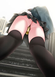 Rule 34 | 1girl, ass, bag, black hair, black skirt, black thighhighs, carrying bag, commentary request, facing away, feet out of frame, from behind, from below, gold panties, highres, legs, miniskirt, oouso, original, outdoors, panties, pantyshot, pleated skirt, school bag, school uniform, shirt, skirt, solo, stairs, standing, thighhighs, thighs, underwear, upskirt, white shirt