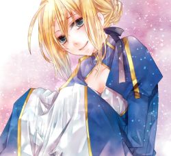 Rule 34 | 1girl, ahoge, artoria pendragon (fate), bad id, bad pixiv id, blonde hair, blue eyes, breasts, cleavage, cleavage cutout, clothing cutout, dress, fate/stay night, fate (series), mizuyu, saber (fate), small breasts, smile, solo