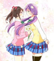Rule 34 | 2girls, black hair, black legwear, blue skirt, blush, bow, collared shirt, commentary request, cowboy shot, face-to-face, flower, green eyes, green neckwear, hair bow, holding, holding flower, leaning forward, lily (flower), long hair, long sleeves, looking at another, love live!, love live! school idol project, multiple girls, open mouth, otonokizaka school uniform, pleated skirt, profile, purple hair, red bow, red eyes, school uniform, shindo, shirt, skirt, smile, thighhighs, tojo nozomi, twintails, yazawa nico, yellow flower, yuri
