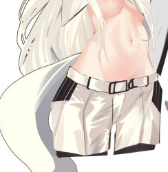 Rule 34 | 1girl, arknights, belt, breasts, close-up, crop top, cropped legs, horse tail, long hair, medium breasts, midriff, mikuning, navel, no bra, platinum (arknights), short shorts, shorts, simple background, solo, stomach, tail, underboob, upper body, white background, white hair, white shorts