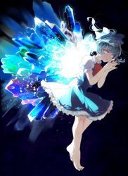 Rule 34 | 1girl, barefoot, black background, blue bow, blue dress, blue eyes, blue hair, bow, cirno, collared shirt, commentary, crystal, detached wings, dress, eyelashes, fingernails, fingers together, frilled dress, frills, glitter, glowing, glowing eyes, hair bow, highres, ice, ice wings, kerok (joniko1110), knees, light particles, looking at viewer, medium hair, own hands together, pinafore dress, puffy short sleeves, puffy sleeves, shirt, short sleeves, simple background, sleeveless dress, solo, sparkle, standing, symbol-only commentary, touhou, white shirt, wing collar, wings