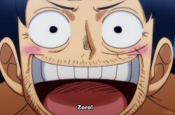 Rule 34 | 1boy, :d, aged up, alternate facial hair, close-up, dagsop, derivative work, facial hair, looking at viewer, male focus, monkey d. luffy, one piece, open mouth, screenshot redraw, short hair, smile, solo, stubble, subtitled, wrinkled skin