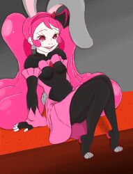 Rule 34 | absurdres, bad end precure, bodysuit, breasts, corruption, cure whip, dark persona, elly snail, evil smile, highres, ichika usami, kirakira precure a la mode, latex, paw shoes, pink hair, precure, rabbit ears, rabbit girl, rabbit tail, red eyes, small breasts, smile, twintails