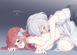 Rule 34 | 2girls, all fours, blue eyes, blush, bow, camisole, clothes pull, commentary request, dress pull, gradient background, grey background, grey hair, hair bow, haya bs, highres, interlocked fingers, kissing back, konno junko, long hair, low twintails, minamoto sakura, multiple girls, nail polish, navel, pink nails, polka dot, polka dot bow, red hair, unworn shirt, side ponytail, sweat, topless, twintails, zombie land saga
