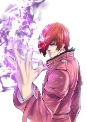 Rule 34 | 1boy, aoki masahiko, closed mouth, commentary request, fingernails, fire, fur-trimmed jacket, fur trim, hair over one eye, hand up, highres, jacket, long sleeves, looking at viewer, male focus, pants, pink jacket, pink pants, purple fire, pyrokinesis, red eyes, red hair, short hair, simple background, smile, solo, the king of fighters, the king of fighters xiv, white background, yagami iori