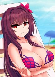 Rule 34 | 1girl, absurdres, bikini, blurry, breasts, chair, cleavage, closed mouth, cloud, cloudy sky, collarbone, day, depth of field, fate/grand order, fate (series), flower, from side, frown, hair between eyes, hair flower, hair intakes, hair ornament, half-closed eyes, halterneck, highres, large breasts, looking at viewer, lounge chair, ocean, outdoors, parasol, pink bikini, purple bikini, purple hair, red eyes, scathach (fate), scathach (fate/grand order), scathach (swimsuit assassin) (fate), sitting, skindentation, sky, solo, string bikini, swimsuit, the only shoe, umbrella, v