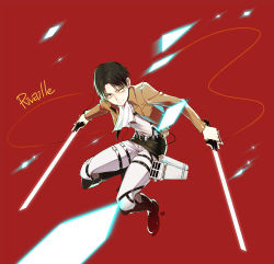 Rule 34 | 1boy, ascot, bad id, bad pixiv id, black hair, boots, character name, dual wielding, highres, holding, ill ill, jacket, levi (shingeki no kyojin), male focus, shingeki no kyojin, solo, sword, thigh strap, three-dimensional maneuver gear, weapon, wire