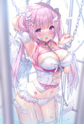 Rule 34 | 1girl, arm behind head, arm up, bandaid, bandaid on cheek, bandaid on face, blurry, blurry foreground, blush, bow, breasts, bustier, cage, chain, cleavage, commentary request, depth of field, feathered wings, frilled panties, frilled thighhighs, frills, garter straps, hair bow, hair ornament, hairclip, hand up, highres, long hair, looking at viewer, medium breasts, nail polish, navel, open mouth, original, panties, pink hair, pink nails, purple eyes, solo, thick thighs, thighhighs, thighs, twintails, underwear, very long hair, water, white bow, white panties, white wings, wings, x hair ornament, yuyuko (yuyucocco)