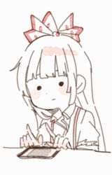 Rule 34 | 1girl, :|, animated, animated gif, blunt bangs, blush stickers, bow, cellphone, closed mouth, collared shirt, dot nose, fujiwara no mokou, hair behind ear, hair bow, hands up, index finger raised, itomugi-kun, long hair, looking at viewer, looping animation, pale color, phone, shirt, smartphone, solid circle eyes, solo, straight hair, suspenders, table, torn clothes, torn sleeves, touhou, upper body, white background, white bow, white hair, white shirt, wing collar
