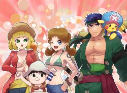 Rule 34 | 2boys, 2girls, animal crossing, arms (game), blonde hair, blue eyes, blue hair, breasts, brown hair, cleavage, cosplay, creatures (company), crossover, earrings, fire emblem, fire emblem: radiant dawn, flower earrings, game freak, gen 1 pokemon, green eyes, hat, headband, highres, ike (fire emblem), jewelry, large breasts, mario (series), medium breasts, min min (arms), monkey d. luffy, monkey d. luffy (cosplay), multiple boys, multiple girls, nami (one piece), nami (one piece) (cosplay), navel, nintendo, one eye closed, one piece, pikachu, pokemon, pokemon (creature), princess daisy, roronoa zoro, roronoa zoro (cosplay), saon101, standing, straw hat, super mario land, super smash bros., sword, tail, tattoo, tomboy, tony tony chopper, tony tony chopper (cosplay), usopp, usopp (cosplay), villager (animal crossing), weapon, wink